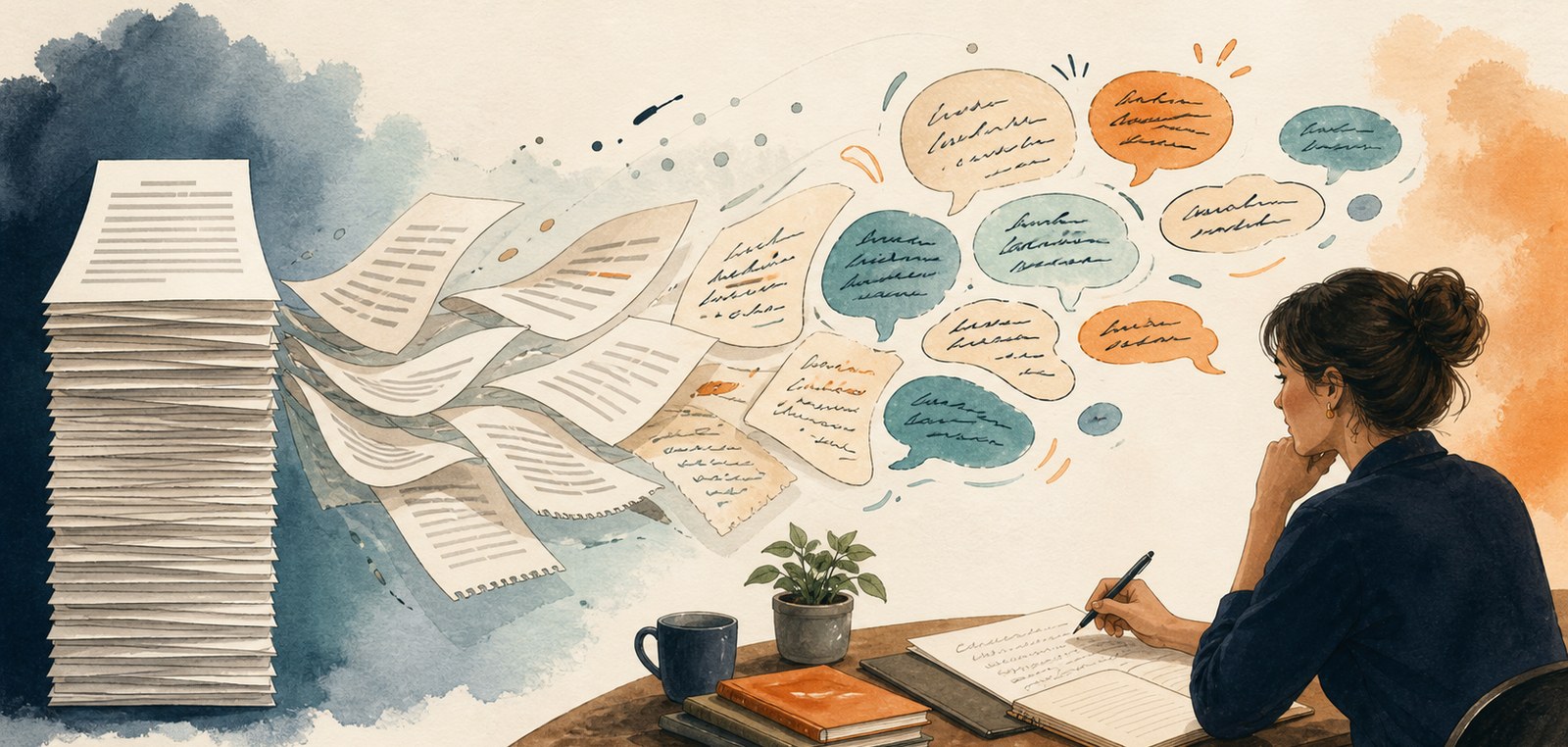 Human editor turning a stack of uniform pages into varied conversational writing
