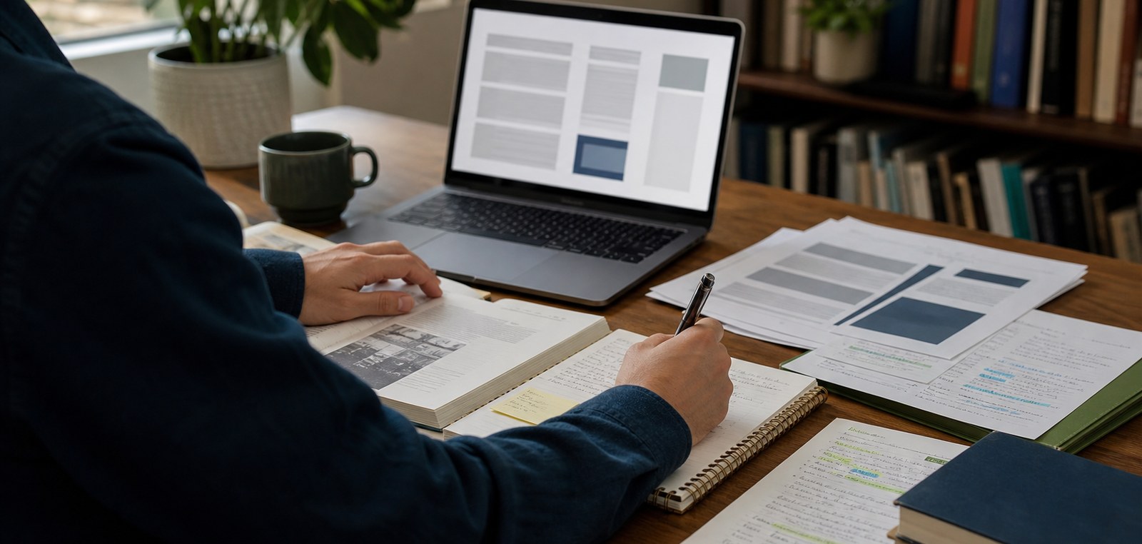 Researcher comparing source documents and recording evidence at a desk