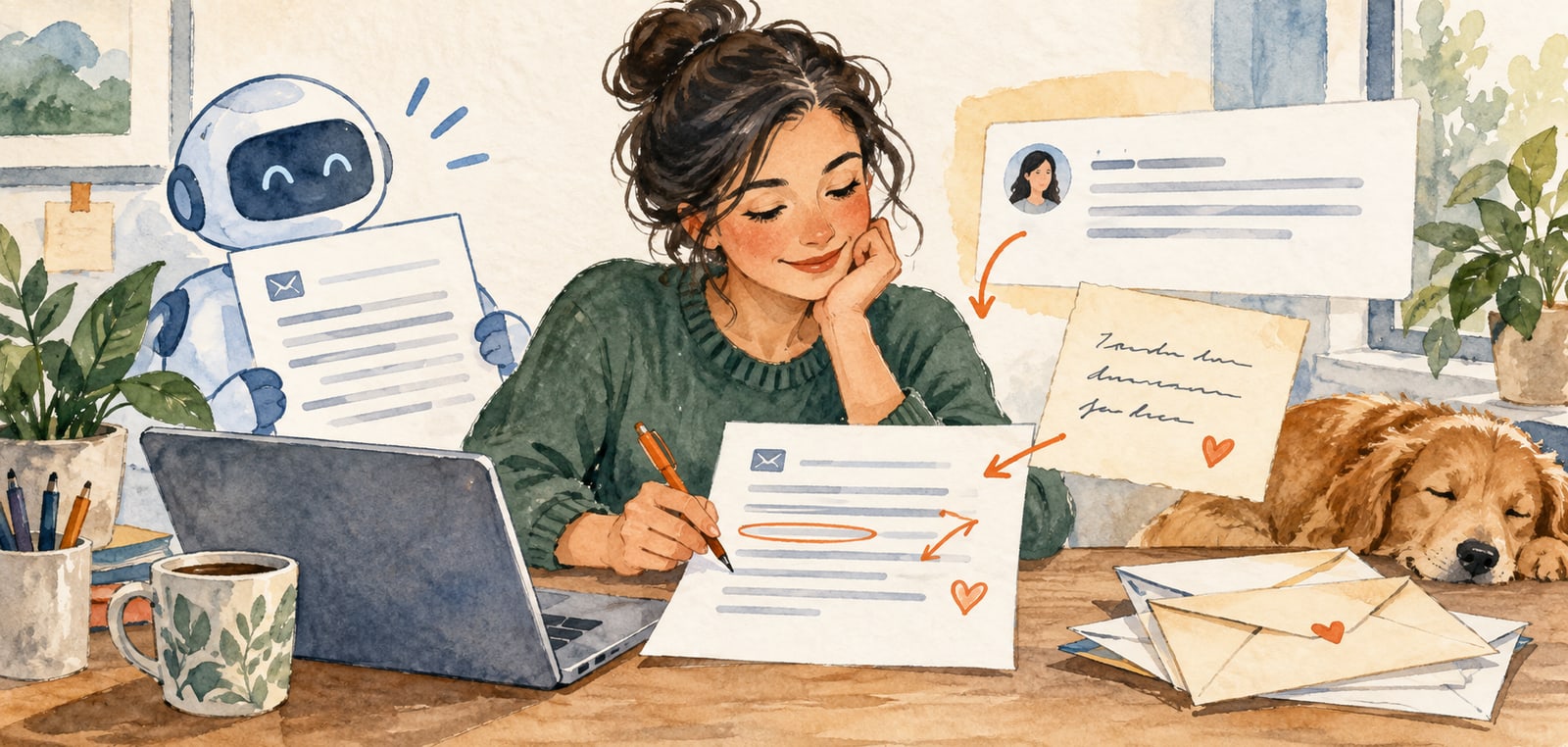 Editor revising an email draft with notes from a real customer conversation